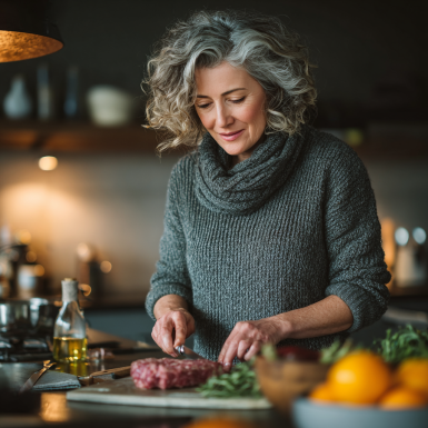 Літня жінка готує здорову їжу
